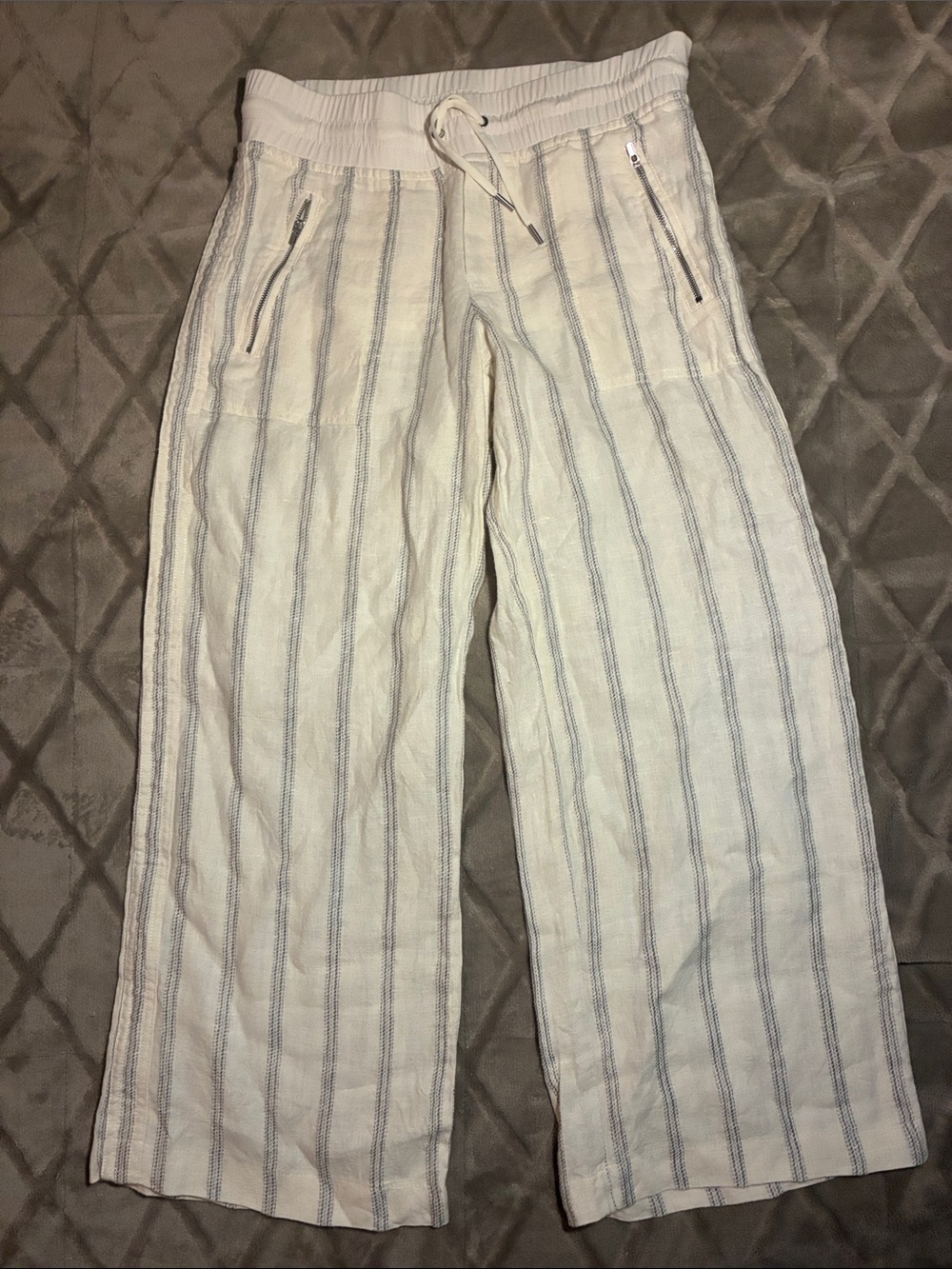 Athleta Cabo Tide 100% Linen White Wide-Leg Striped Drawstring Joggers Size 6